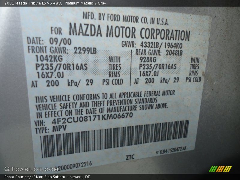 Platinum Metallic / Gray 2001 Mazda Tribute ES V6 4WD