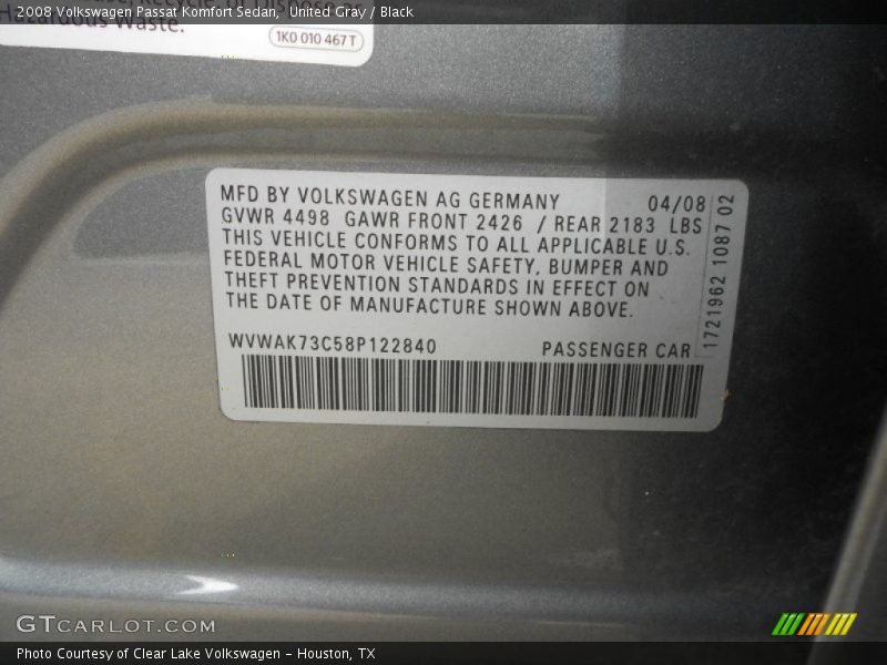 United Gray / Black 2008 Volkswagen Passat Komfort Sedan