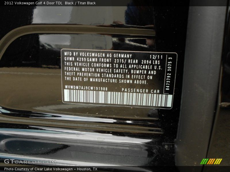 Black / Titan Black 2012 Volkswagen Golf 4 Door TDI