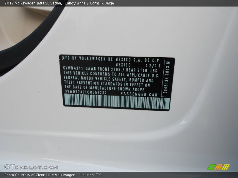Candy White / Cornsilk Beige 2012 Volkswagen Jetta SE Sedan