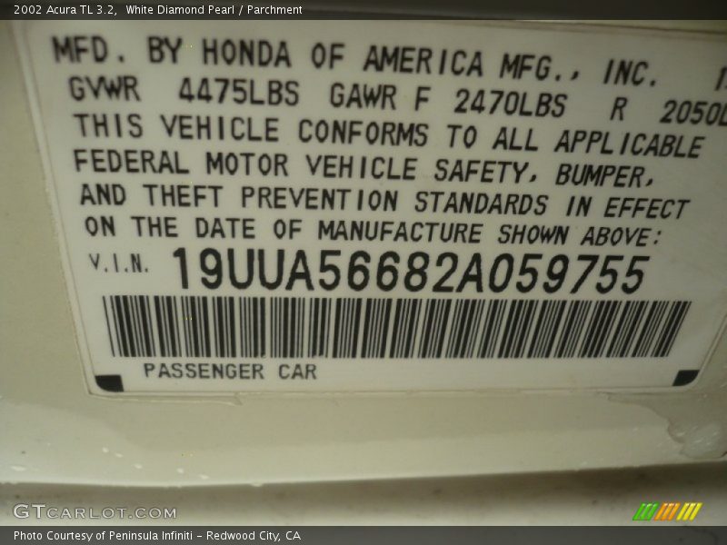 White Diamond Pearl / Parchment 2002 Acura TL 3.2