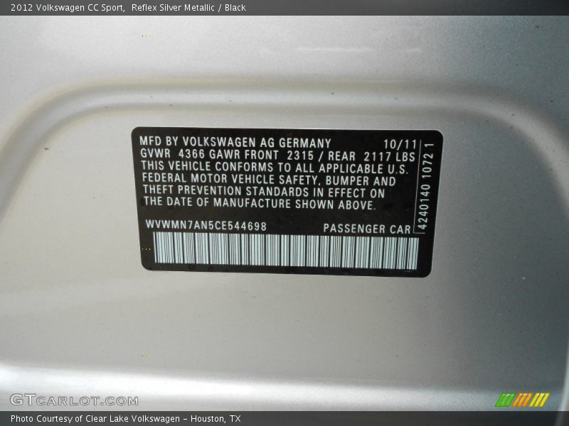 Reflex Silver Metallic / Black 2012 Volkswagen CC Sport