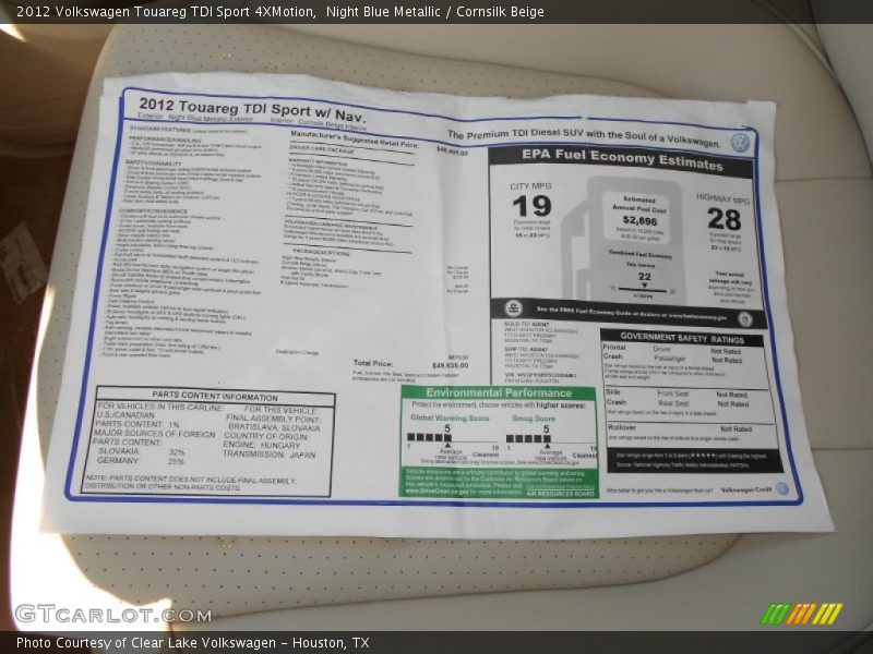 Night Blue Metallic / Cornsilk Beige 2012 Volkswagen Touareg TDI Sport 4XMotion