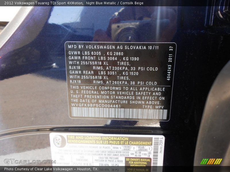 Night Blue Metallic / Cornsilk Beige 2012 Volkswagen Touareg TDI Sport 4XMotion