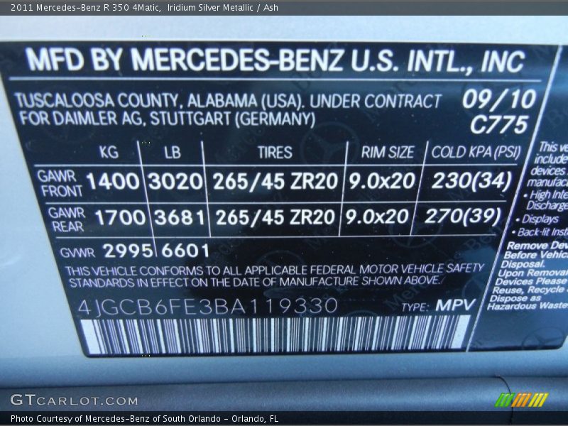 Iridium Silver Metallic / Ash 2011 Mercedes-Benz R 350 4Matic
