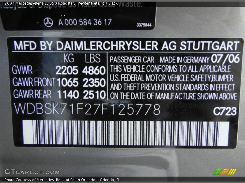 2007 SL 550 Roadster Pewter Metallic Color Code 723
