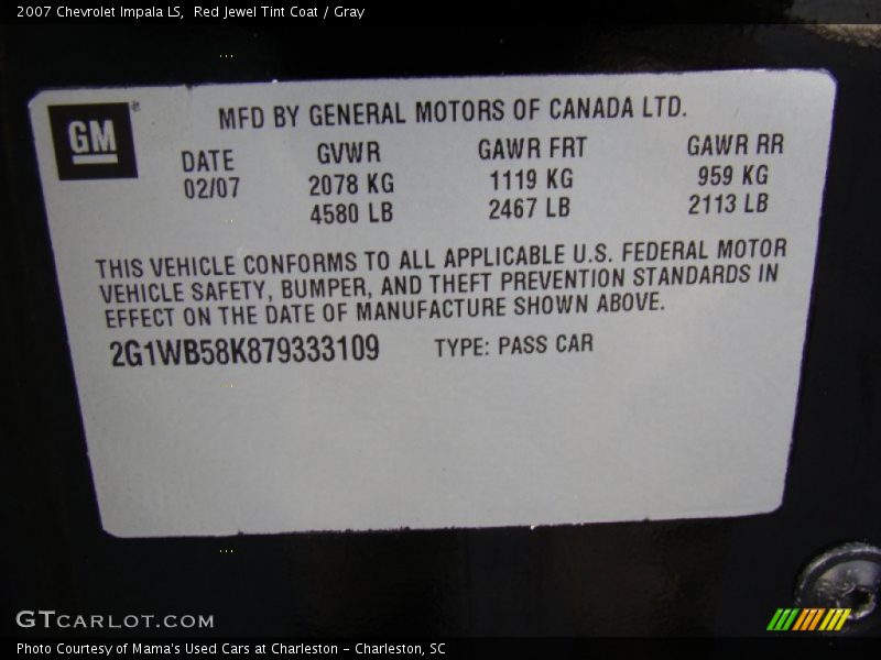 Red Jewel Tint Coat / Gray 2007 Chevrolet Impala LS