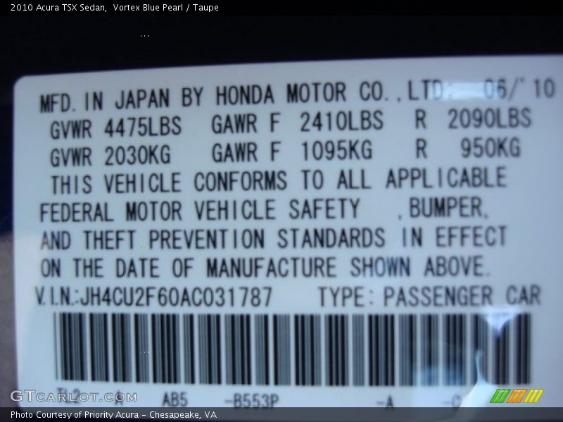 Vortex Blue Pearl / Taupe 2010 Acura TSX Sedan