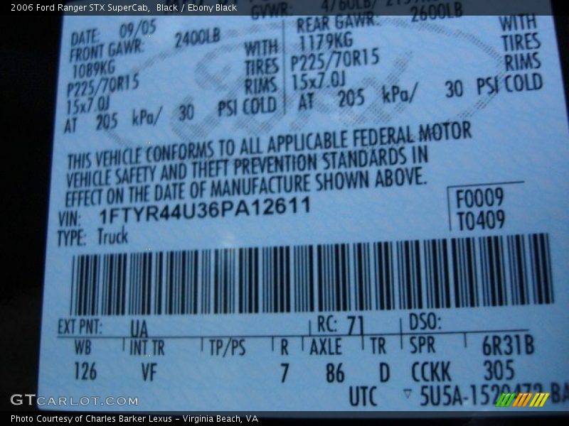 2006 Ranger STX SuperCab Black Color Code UA
