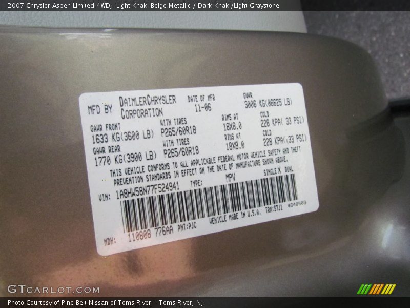 2007 Aspen Limited 4WD Light Khaki Beige Metallic Color Code PJC