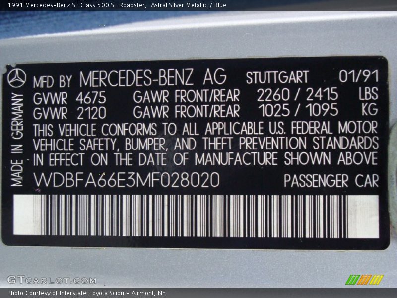 Info Tag of 1991 SL Class 500 SL Roadster