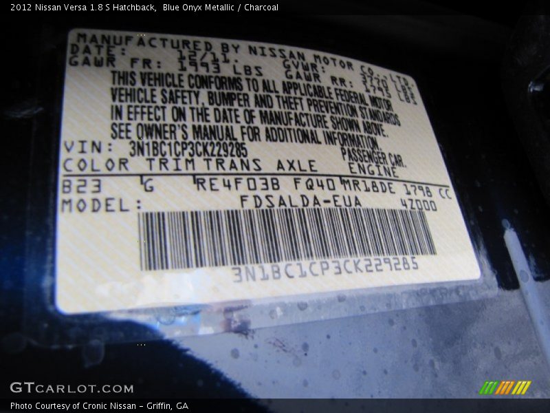 Blue Onyx Metallic / Charcoal 2012 Nissan Versa 1.8 S Hatchback