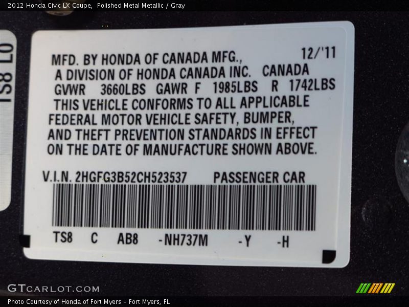 Polished Metal Metallic / Gray 2012 Honda Civic LX Coupe