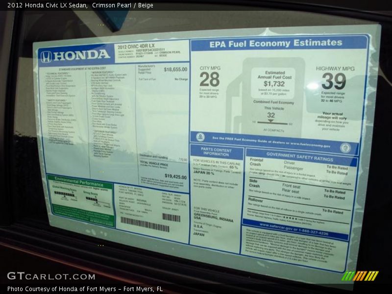 Crimson Pearl / Beige 2012 Honda Civic LX Sedan