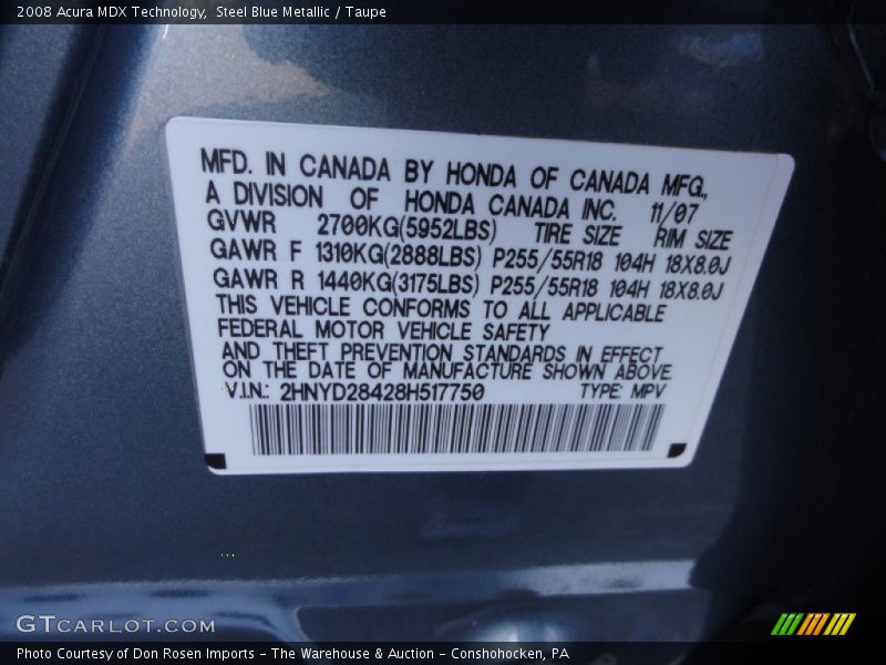 Info Tag of 2008 MDX Technology