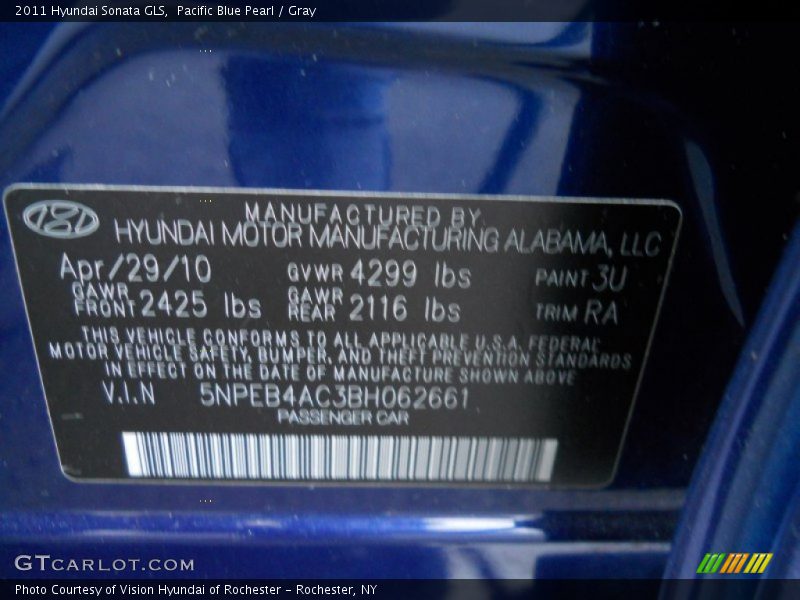 Pacific Blue Pearl / Gray 2011 Hyundai Sonata GLS
