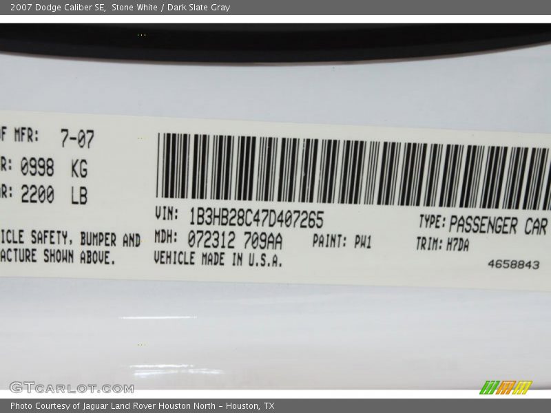 2007 Caliber SE Stone White Color Code PW1