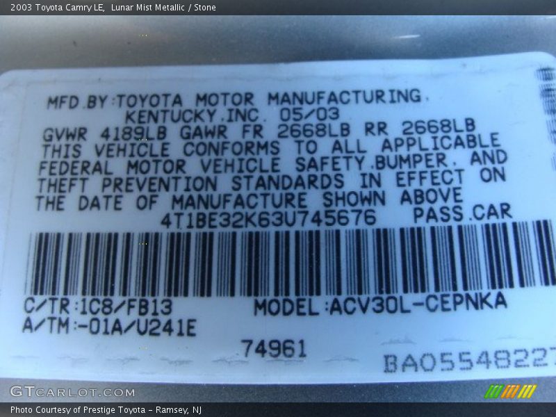 Lunar Mist Metallic / Stone 2003 Toyota Camry LE