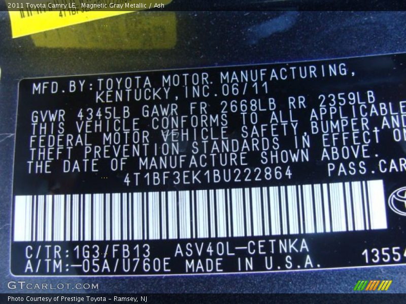 Magnetic Gray Metallic / Ash 2011 Toyota Camry LE