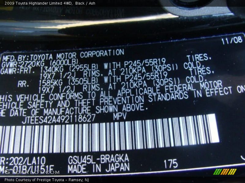Black / Ash 2009 Toyota Highlander Limited 4WD