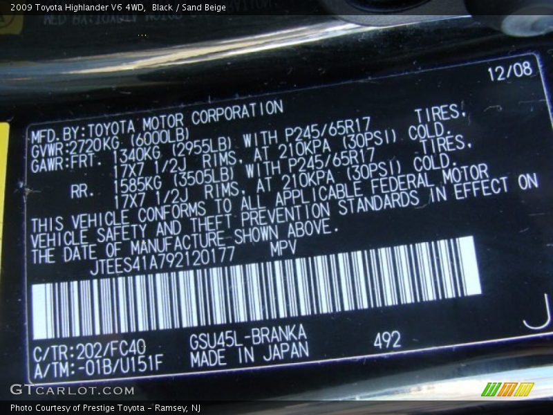 Black / Sand Beige 2009 Toyota Highlander V6 4WD