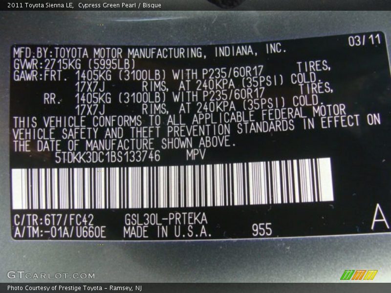 Cypress Green Pearl / Bisque 2011 Toyota Sienna LE