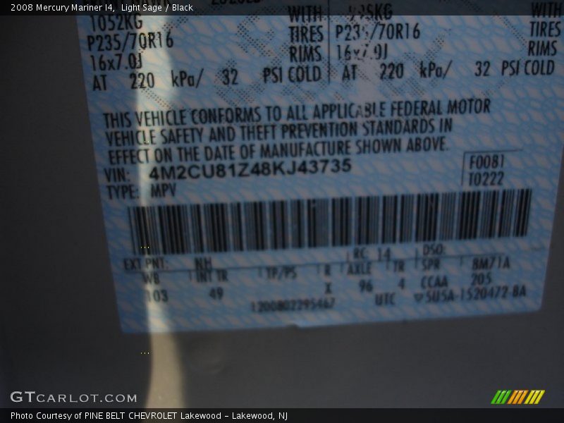 2008 Mariner I4 Light Sage Color Code NH