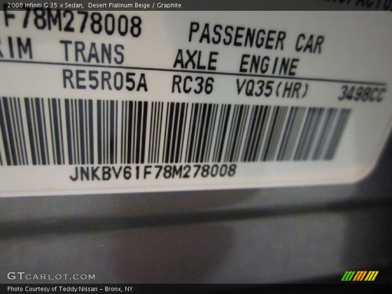 Desert Platinum Beige / Graphite 2008 Infiniti G 35 x Sedan
