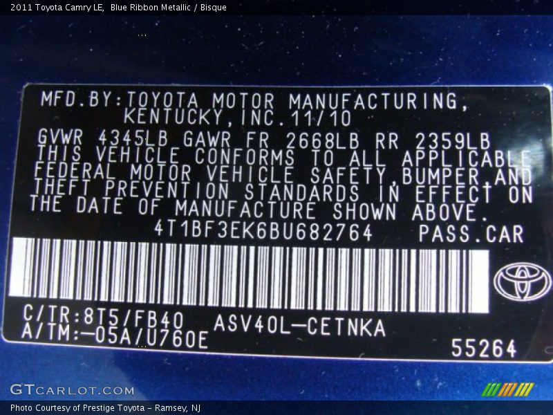 Blue Ribbon Metallic / Bisque 2011 Toyota Camry LE