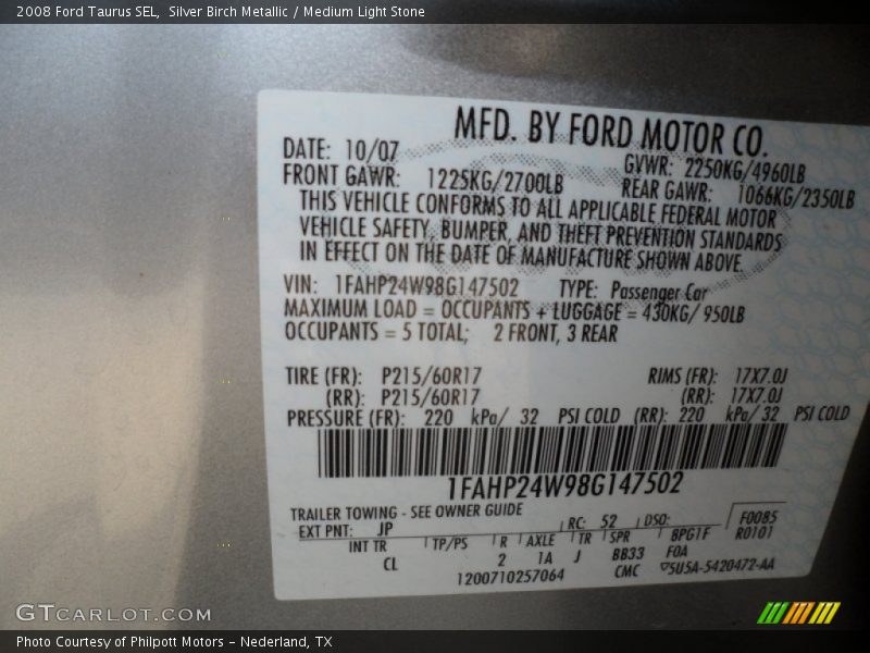 Silver Birch Metallic / Medium Light Stone 2008 Ford Taurus SEL
