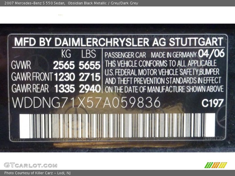 2007 S 550 Sedan Obsidian Black Metallic Color Code 197