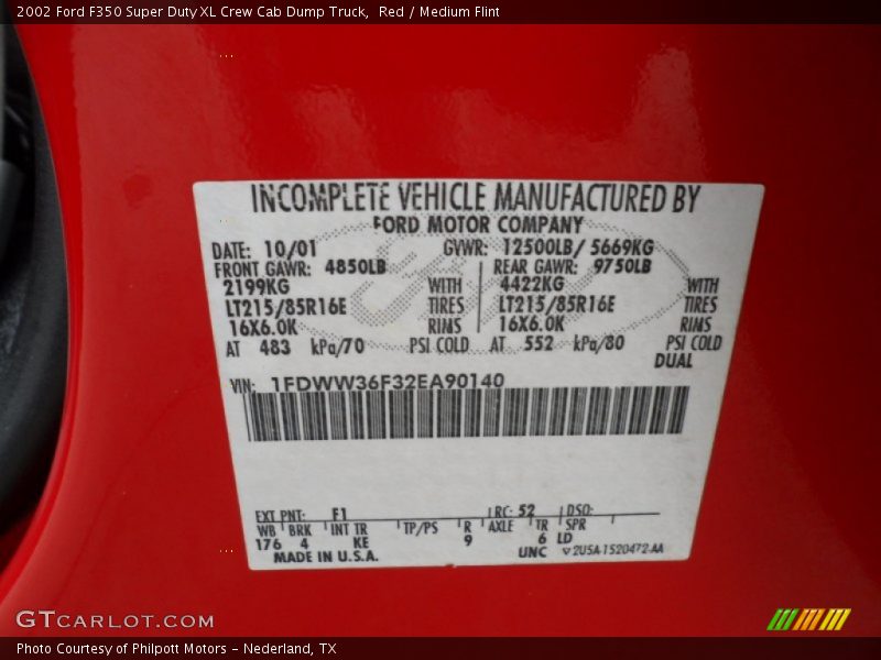 2002 F350 Super Duty XL Crew Cab Dump Truck Red Color Code F1