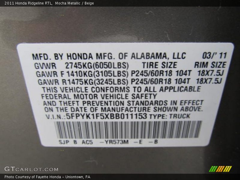 Mocha Metallic / Beige 2011 Honda Ridgeline RTL