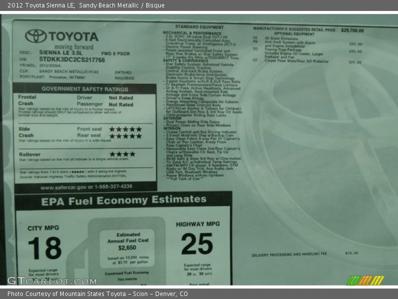  2012 Sienna LE Window Sticker