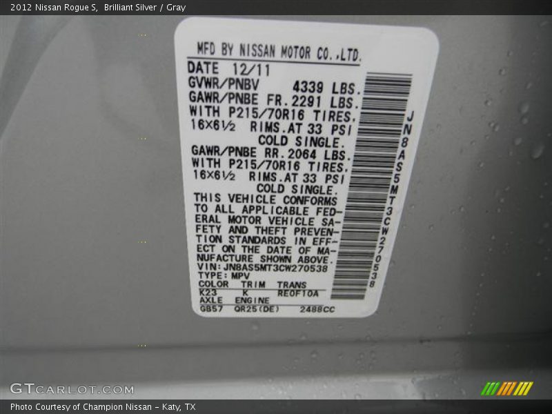 Brilliant Silver / Gray 2012 Nissan Rogue S