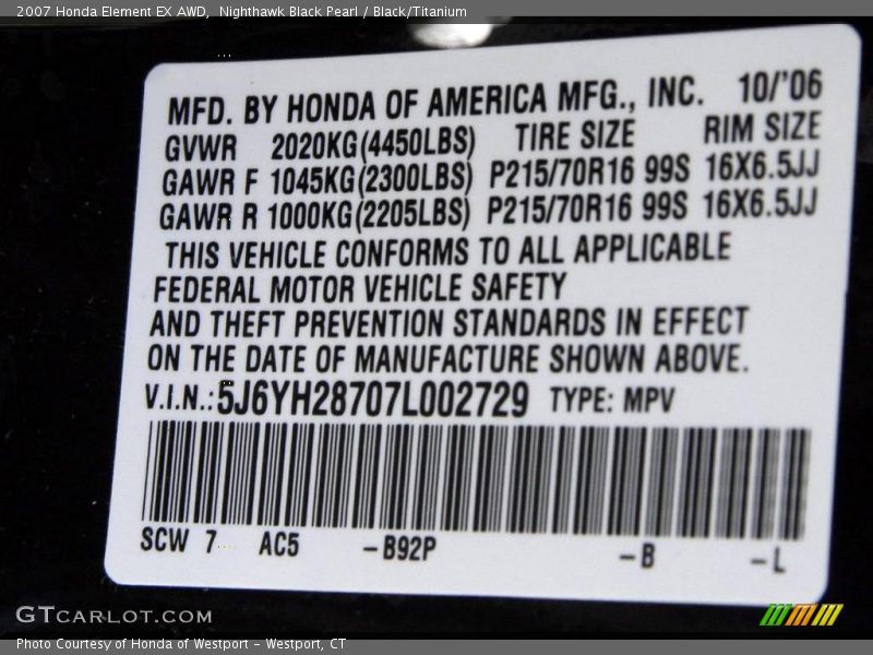 Nighthawk Black Pearl / Black/Titanium 2007 Honda Element EX AWD