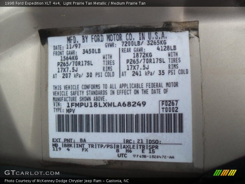 1998 Expedition XLT 4x4 Light Prairie Tan Metallic Color Code BA