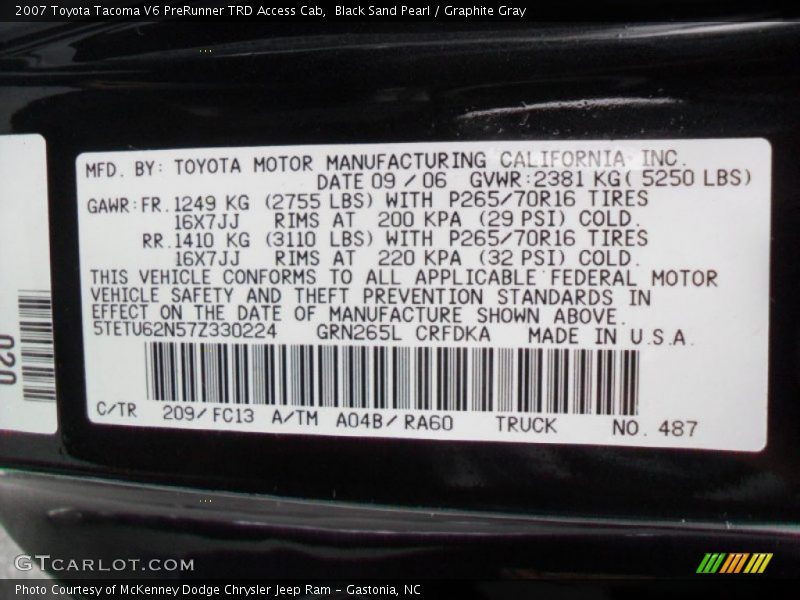 2007 Tacoma V6 PreRunner TRD Access Cab Black Sand Pearl Color Code 209