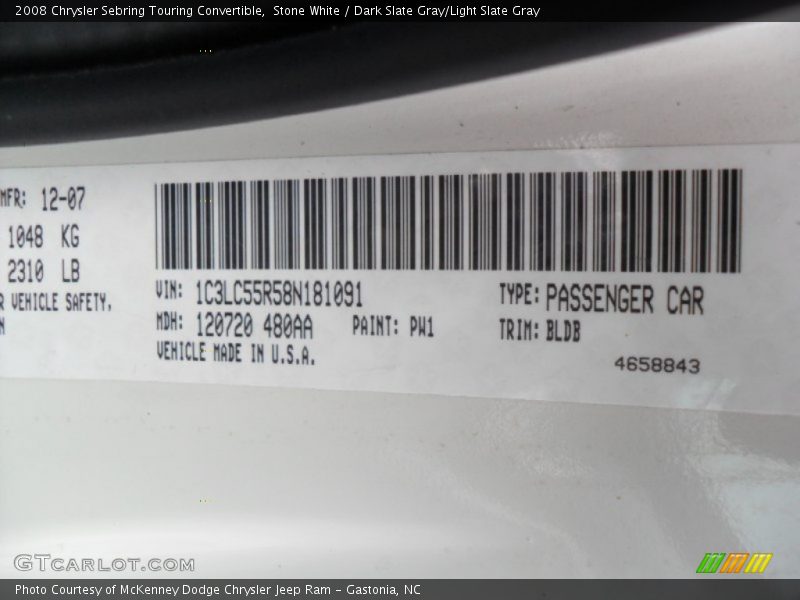 Stone White / Dark Slate Gray/Light Slate Gray 2008 Chrysler Sebring Touring Convertible