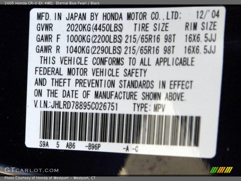 Eternal Blue Pearl / Black 2005 Honda CR-V EX 4WD