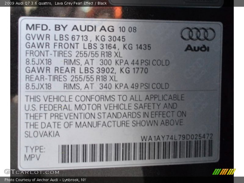 Lava Grey Pearl Effect / Black 2009 Audi Q7 3.6 quattro