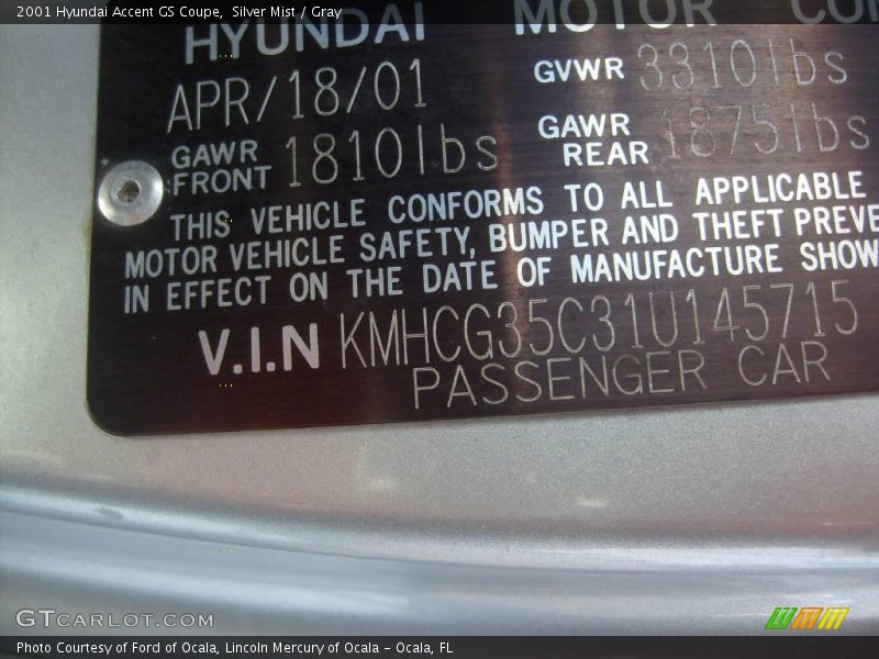 Silver Mist / Gray 2001 Hyundai Accent GS Coupe