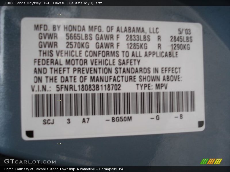 Havasu Blue Metallic / Quartz 2003 Honda Odyssey EX-L