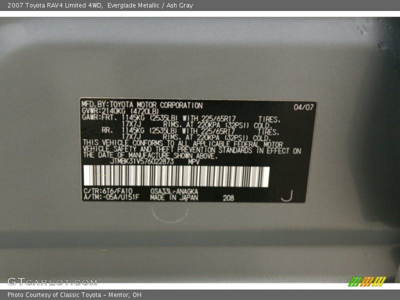 Everglade Metallic / Ash Gray 2007 Toyota RAV4 Limited 4WD