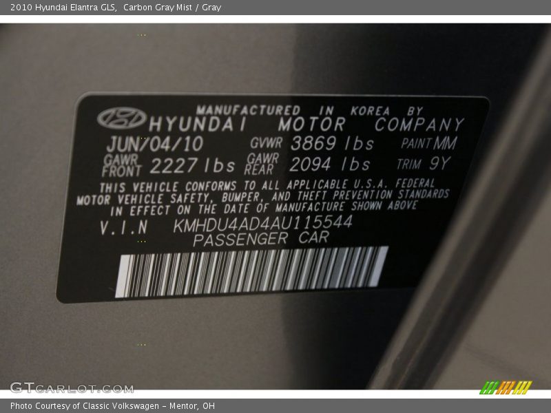 Carbon Gray Mist / Gray 2010 Hyundai Elantra GLS