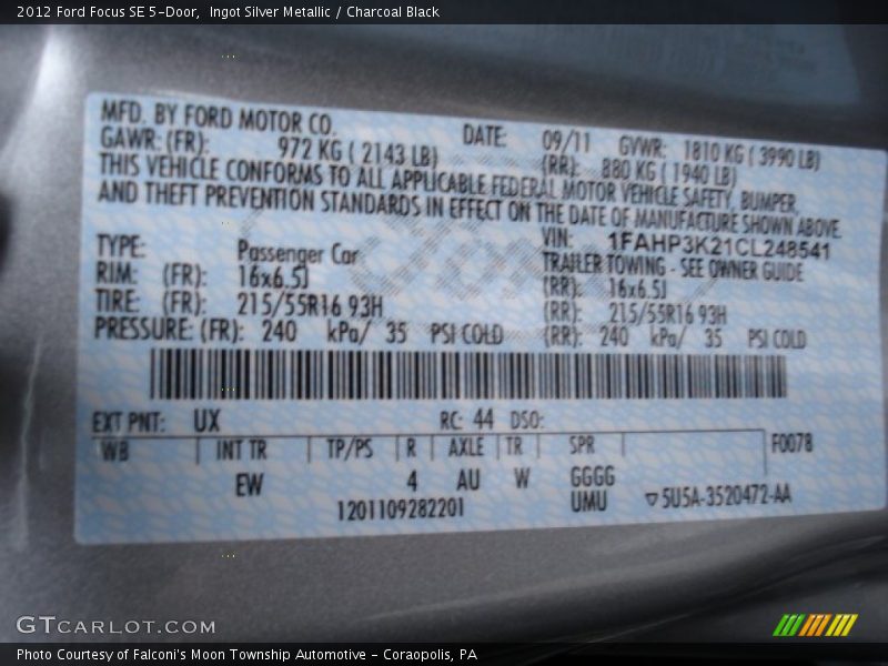 2012 Focus SE 5-Door Ingot Silver Metallic Color Code UX