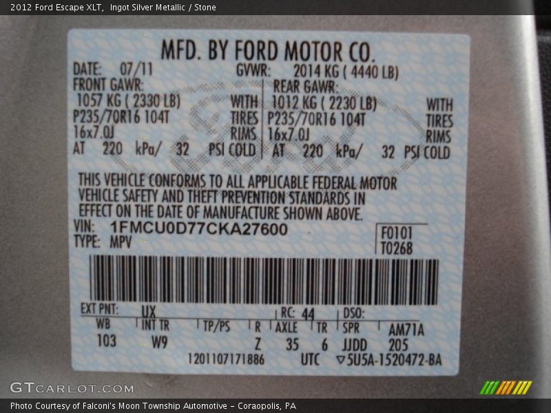 Ingot Silver Metallic / Stone 2012 Ford Escape XLT
