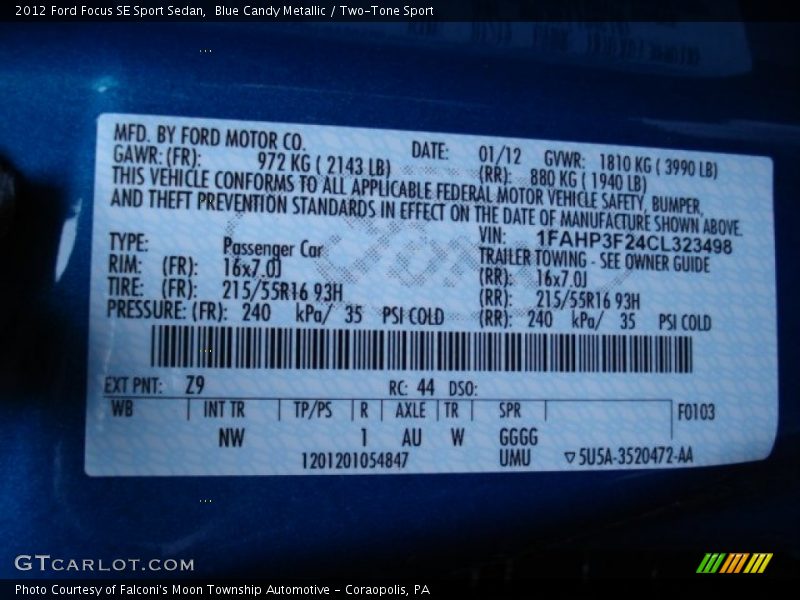2012 Focus SE Sport Sedan Blue Candy Metallic Color Code Z9