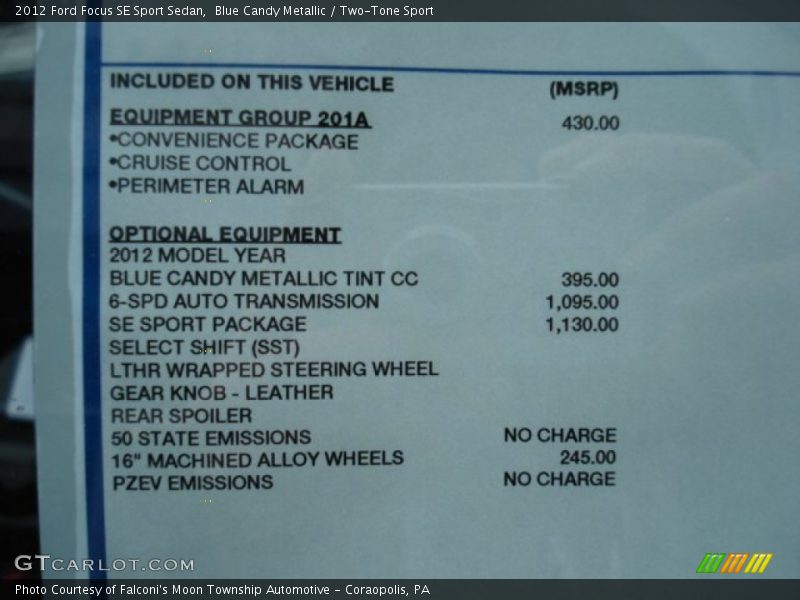  2012 Focus SE Sport Sedan Window Sticker