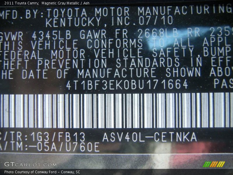 Magnetic Gray Metallic / Ash 2011 Toyota Camry